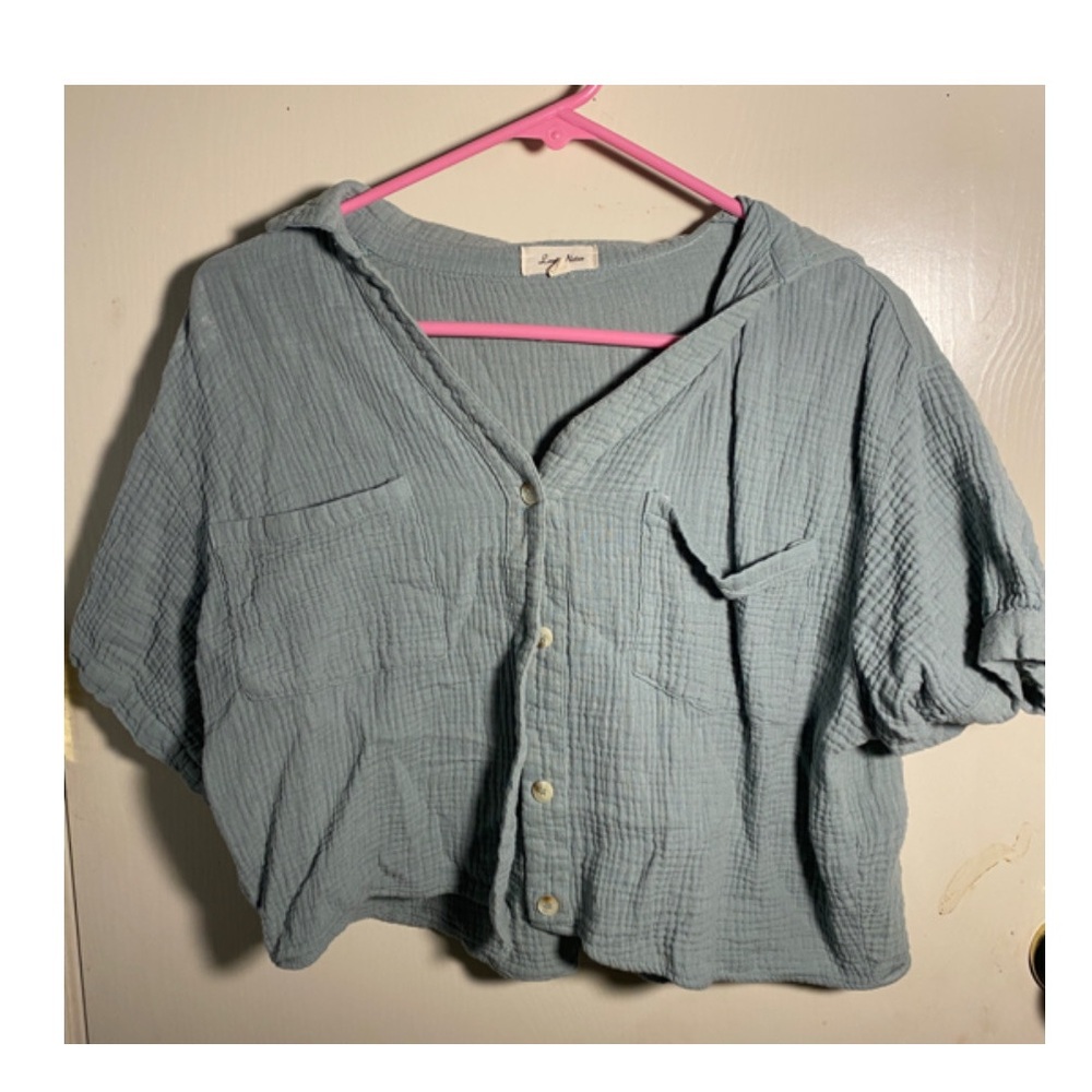 Love Notes baby Blue button up cropped shirt